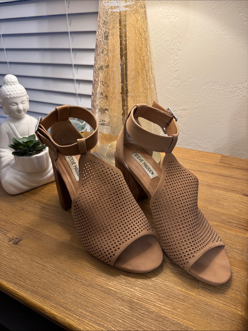 Steve Madden Tan Leather Perforated‎ Ankle-Strap Block Heel Sandal